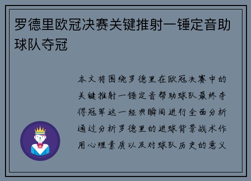 罗德里欧冠决赛关键推射一锤定音助球队夺冠